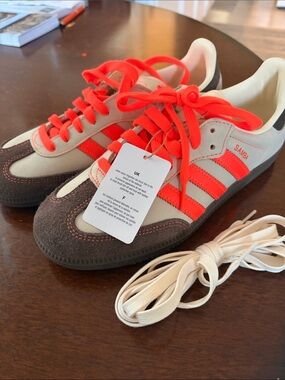 adidas Samba Sneakers in Neon Orange, Cream & Brown